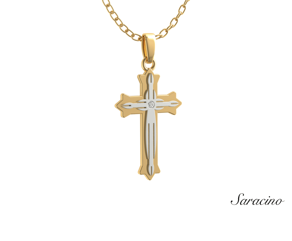 Two Tone Classic Cross Pendant w Diamond Center 14K Yellow Gold