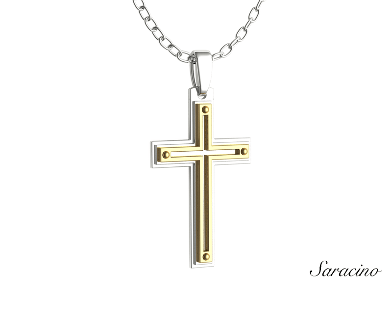 Two Tone Gold Step Cross Pendant 14K White Gold