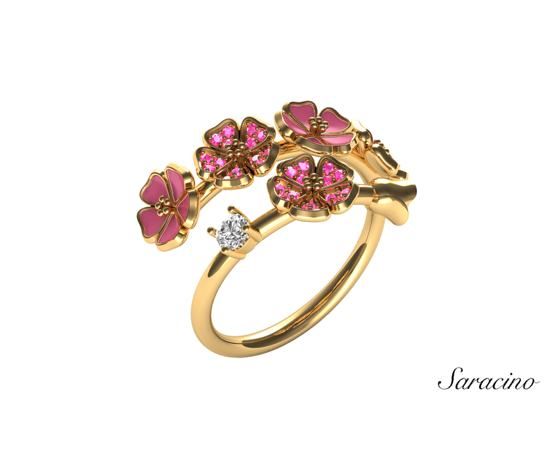 Valentines Jewelry Flower Ring w Enamel + Diamonds 14K Yellow Gold