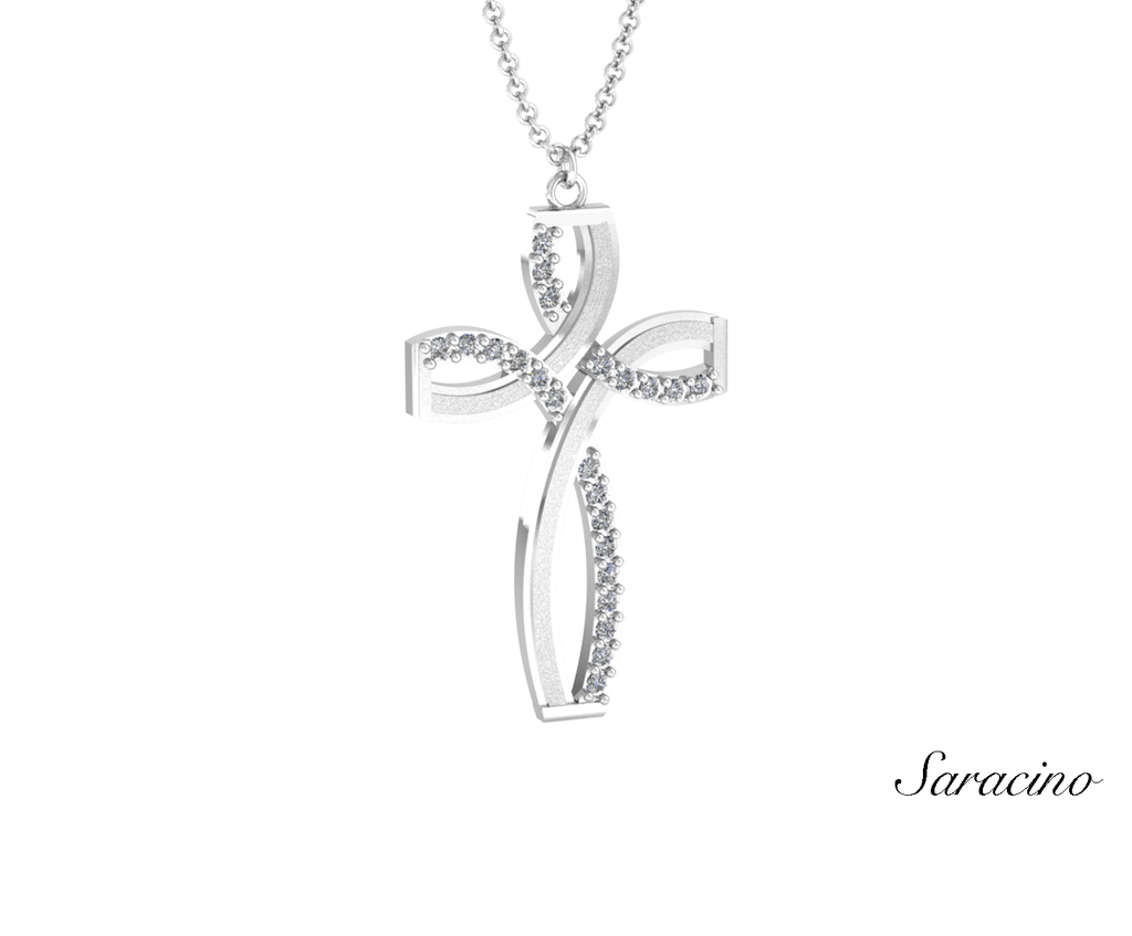 Wavy Half Diamond Cross Necklace White Gold