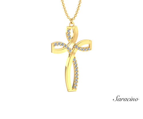 Wavy Half Diamond Cross Necklace Yellow Gold